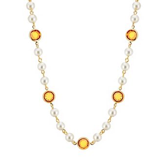 1928 Gold Tone Simulated Pearl & Crystal Strandage Necklace