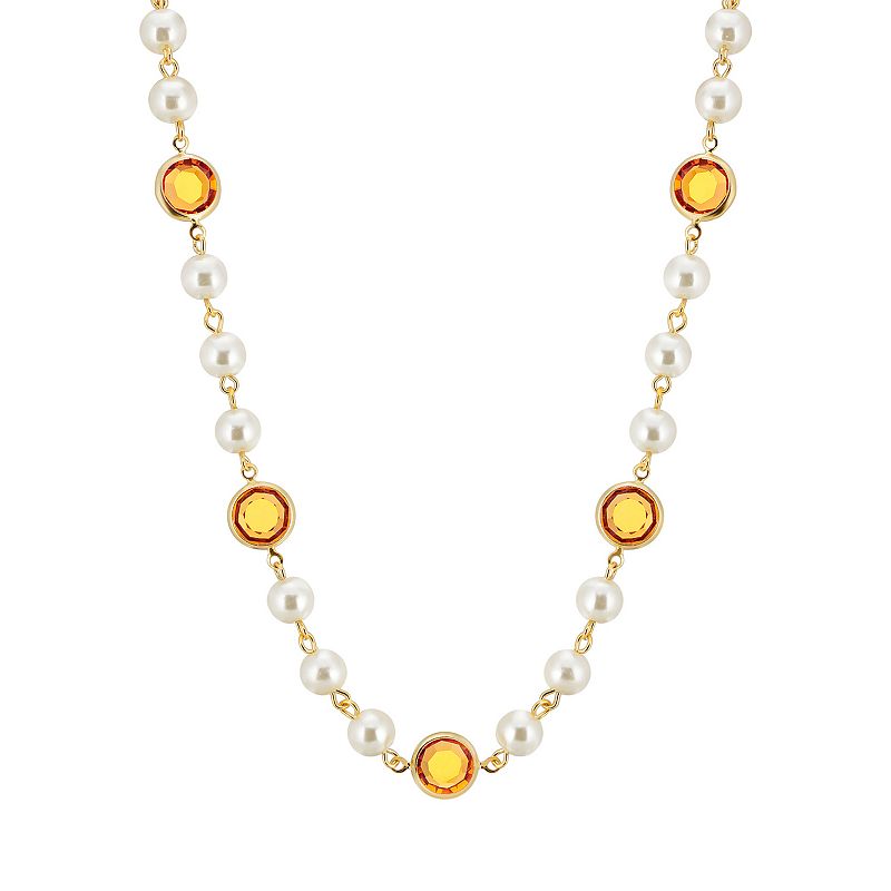 1928 Gold Tone Simulated Pearl & Crystal Strandage Necklace, Womens, Yello