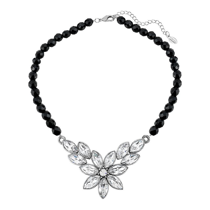 1928 Silver Tone Simulated Crystal Flower Frontal Necklace, Womens, Black