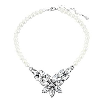 1928 Silver Tone Simulated Crystal Flower Frontal Necklace