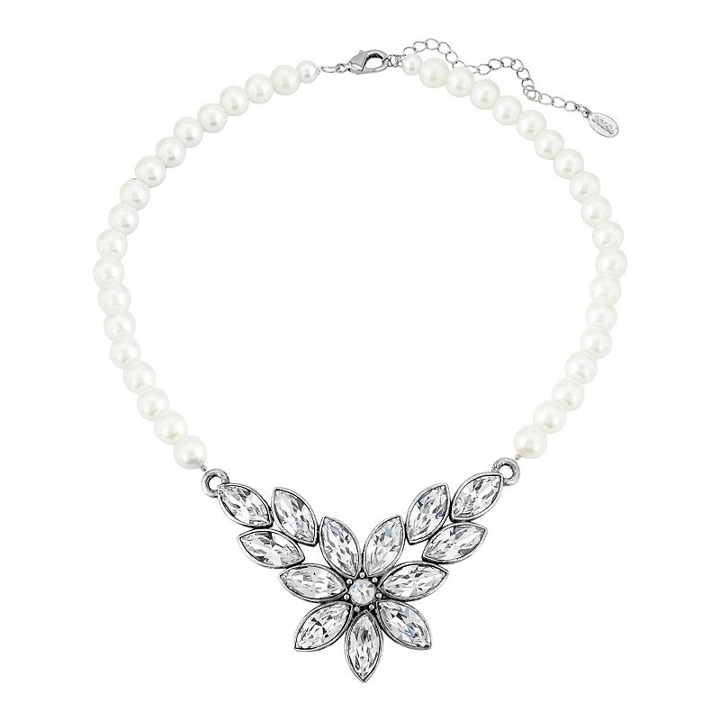 1928 Silver Tone Simulated Crystal Flower Frontal Necklace, Womens, White