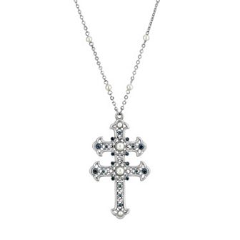 1928 Simulated Pearl & Simulated Crystal Double Cross Pendant Necklace