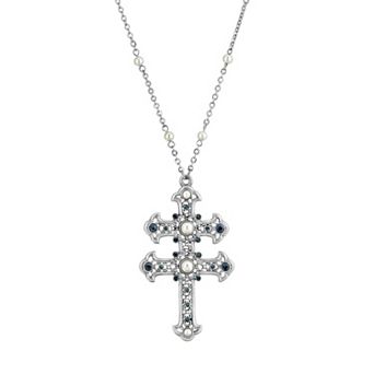 1928 Simulated Pearl & Simulated Crystal Double Cross Pendant Necklace