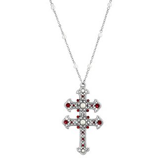 1928 Simulated Pearl & Simulated Crystal Double Cross Pendant Necklace