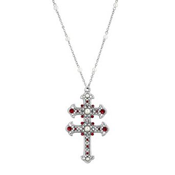 1928 Simulated Pearl & Simulated Crystal Double Cross Pendant Necklace