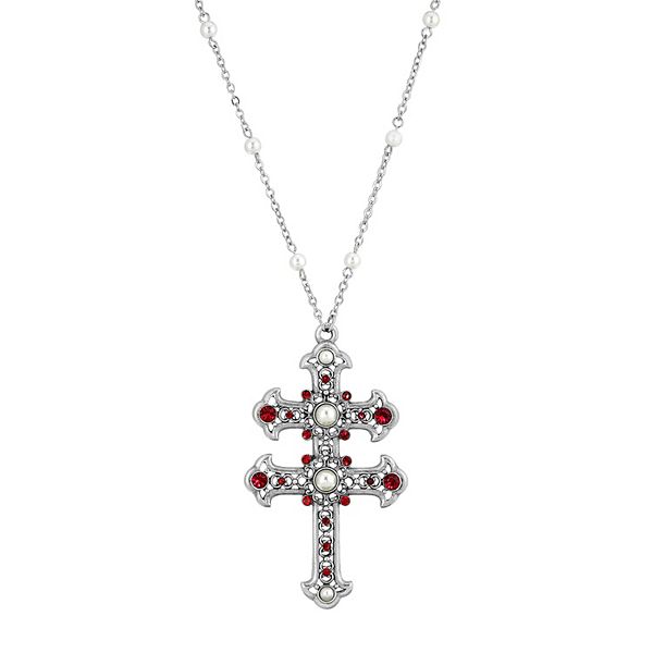 1928 Simulated Pearl & Simulated Crystal Double Cross Pendant Necklace