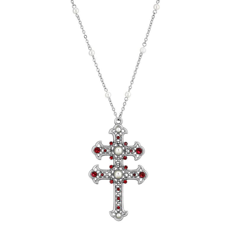 1928 Simulated Pearl & Simulated Crystal Double Cross Pendant Necklace, Wom