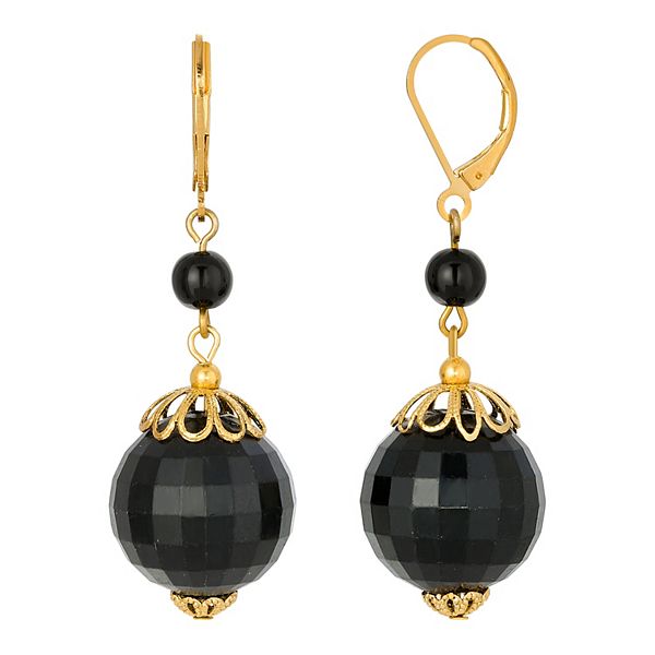 1928 Gold Tone Black Beaded Double Drop Earrings