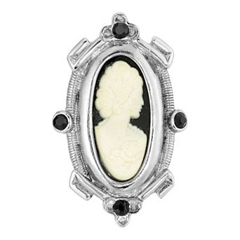 1928 Silver Tone Black & White Oval Cameo Pin