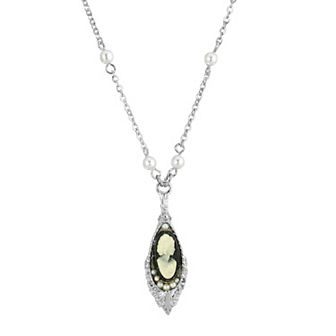1928 Silver Tone Black & White Teardrop Cameo Pendant Necklace