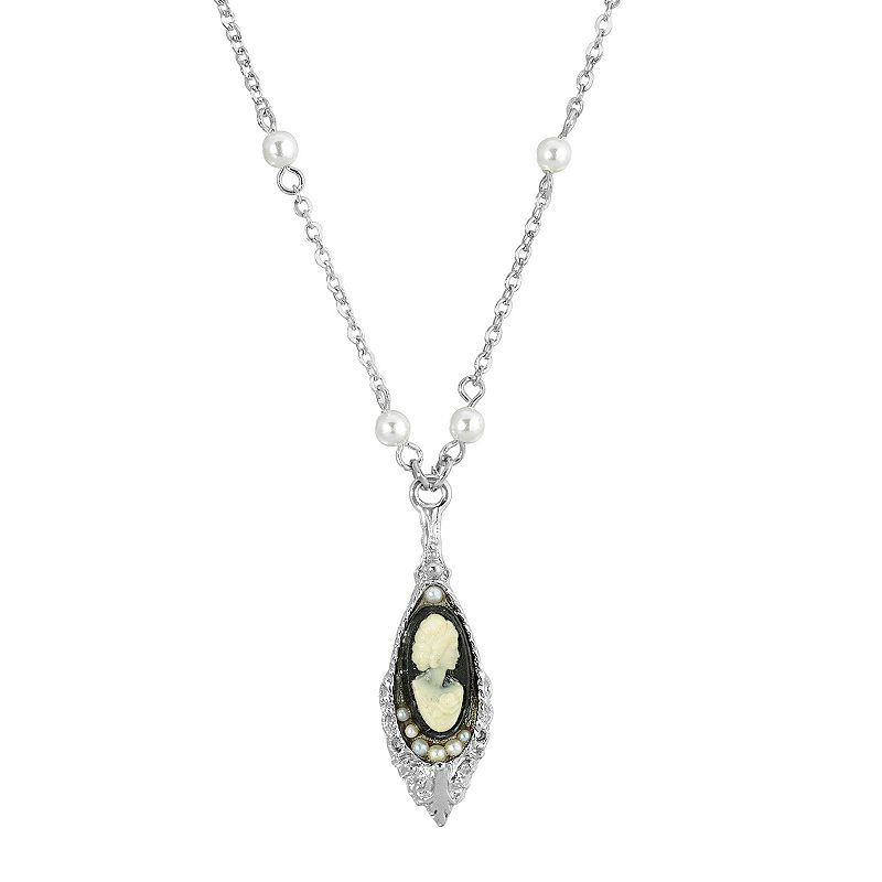 1928 Silver Tone Black & White Teardrop Cameo Pendant Necklace, Womens