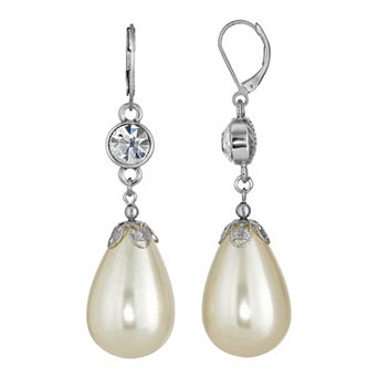 1928 Silver Tone Crystal & Simulated Pearl Teardrop Drop Earrings