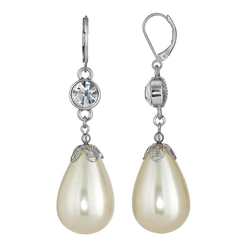 1928 Silver Tone Crystal & Simulated Pearl Teardrop Drop Earrings, Womens,