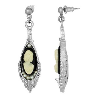 1928 Silver Tone Black & White Cameo Drop Earrings