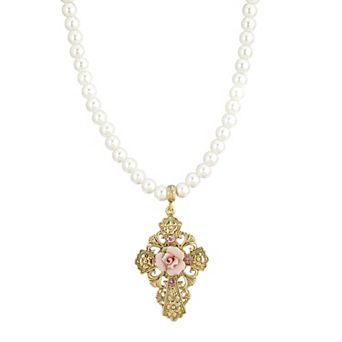 1928 Gold Tone Simulated Pearl & Pink Porcelain Rose Cross Pendant Necklace