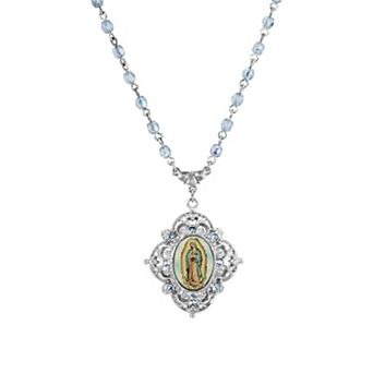 1928 Silver Tone Beaded Chain Mary Pendant Necklace