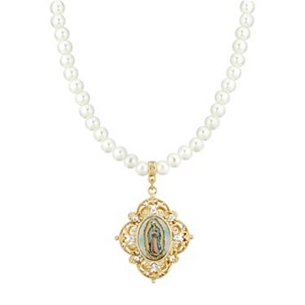 1928 Gold Tone Simulated Pearl Mary Decal Pendant Necklace