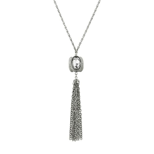 1928 Silver Tone Simulated Crystal Spinner Tassel Necklace