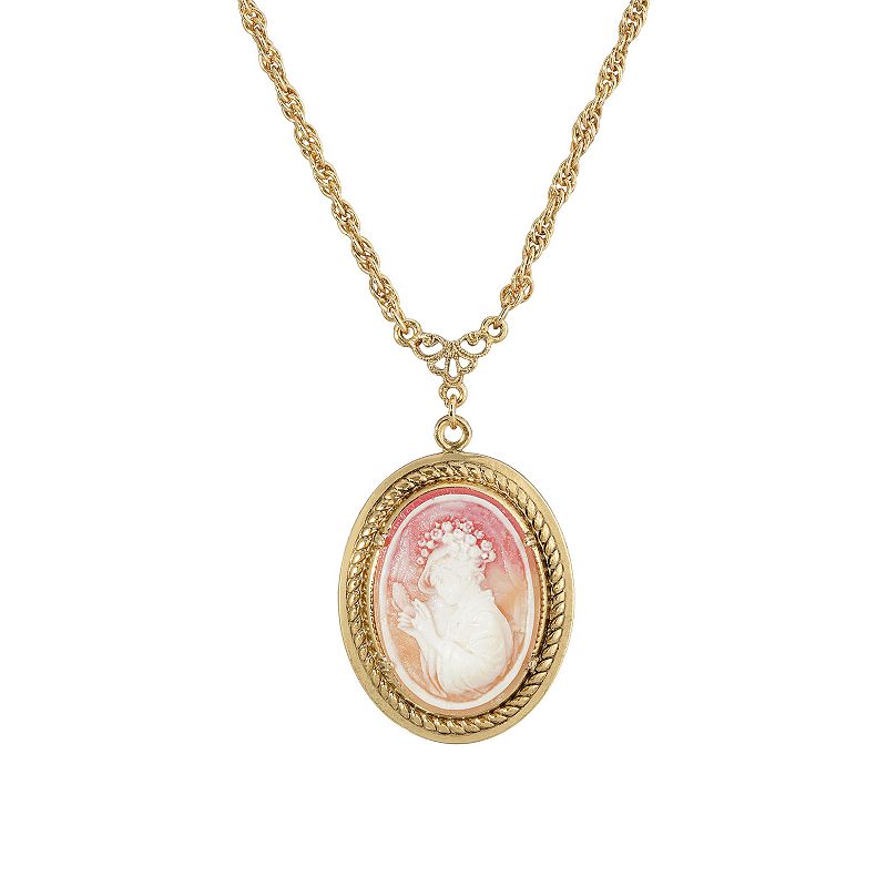 1928 Gold Tone Oval Cameo Pendant Necklace, Womens, Pink