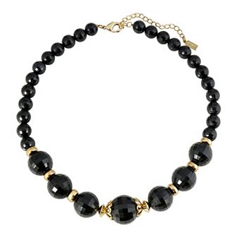 1928 Gold Tone Black Beaded Collar Necklace