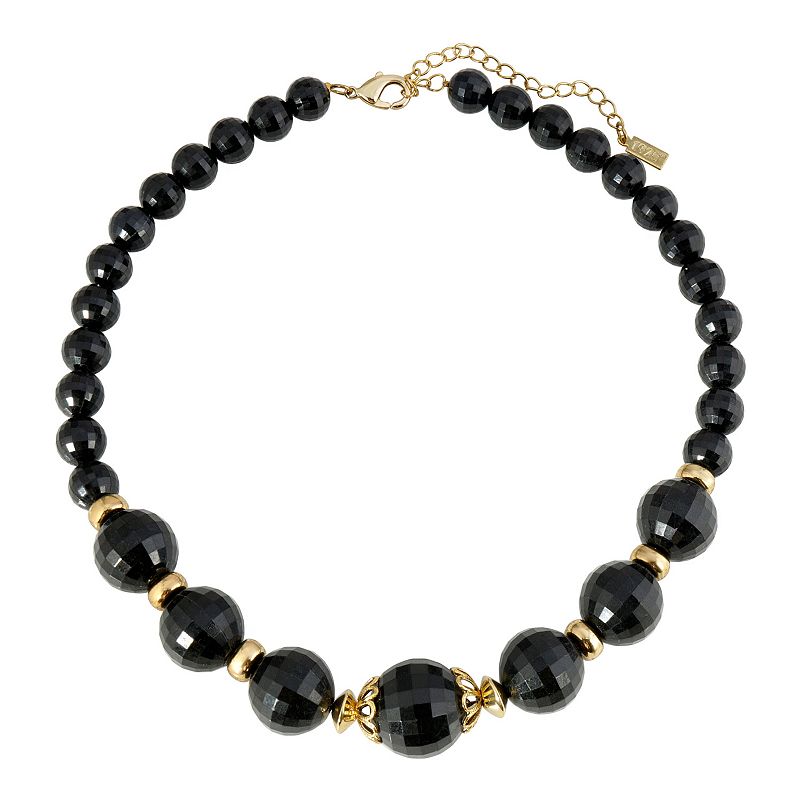 1928 Gold Tone Black Beaded Collar Necklace, Womens