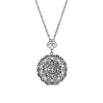 1928 Silver Tone Round Simulated Crystal Locket Necklace