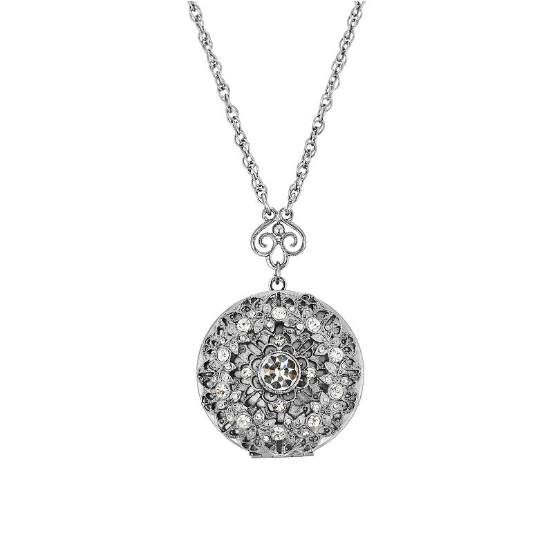 1928 Silver Tone Round Simulated Crystal Locket Necklace, Womens