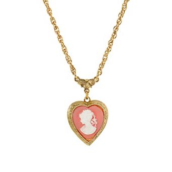 1928 Gold Tone Heart Cameo Locket Necklace