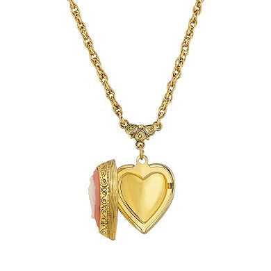 1928 Gold Tone Heart Cameo Locket Necklace