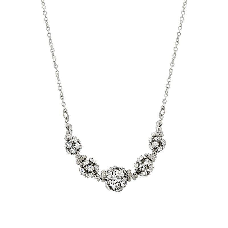 1928 Silver Tone Simulated Crystal Graduated Fireball Bead Necklace, Women