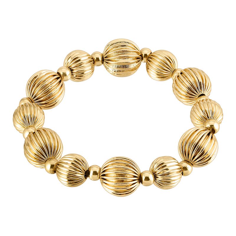 1928 Gold Tone Textured Beaded Stretch Bracelet, Womens