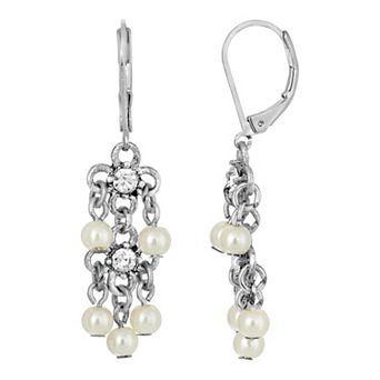 1928 Silver Tone Simulated Crystal & Faux Pearl Chandelier Drop Earrings