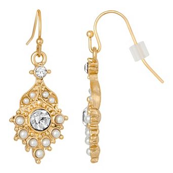 1928 Gold Tone Simulated Pearl & Simulated Crystal Fan Drop Earrings