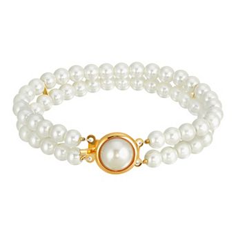 1928 Gold Tone Double Strand Simulated Pearl Bracelet