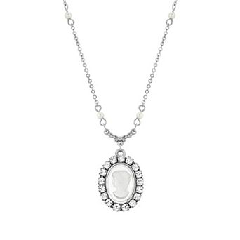1928 Silver Tone Simulated Crystal Simulated Pearl Cameo Pendant Necklace