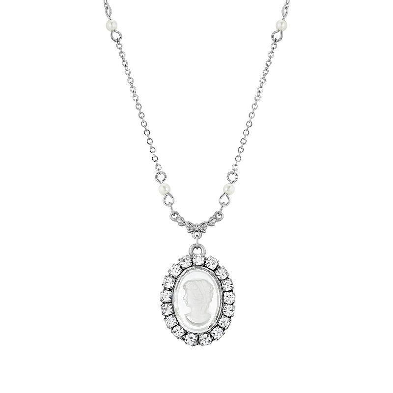 1928 Silver Tone Simulated Crystal Simulated Pearl Cameo Pendant Necklace, 