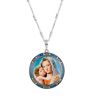 1928 Silver Tone Blue Enamel Mary and Child Decal Pendant Necklace