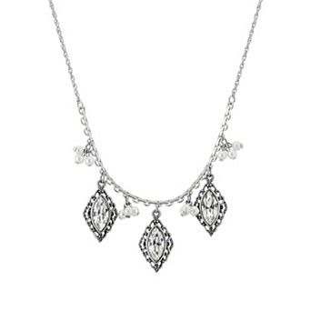 1928 Silver Tone Simulated Crystal & Simulated Pearl Filigree Necklace