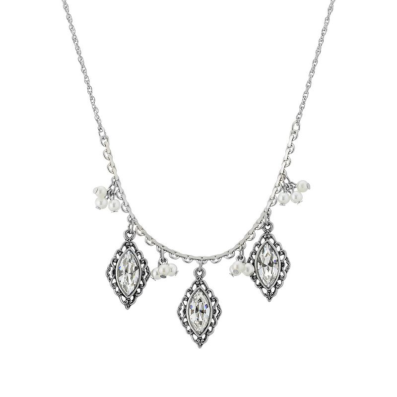 1928 Silver Tone Simulated Crystal & Simulated Pearl Filigree Necklace, Wom