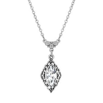 1928 Silver Tone Simulated Crystal Filigree Pendant Necklace