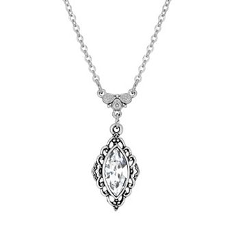 1928 Silver Tone Simulated Crystal Filigree Pendant Necklace