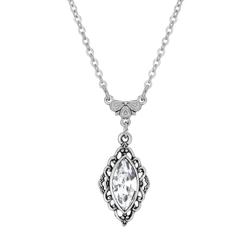 1928 Silver Tone Simulated Crystal Filigree Pendant Necklace, Womens