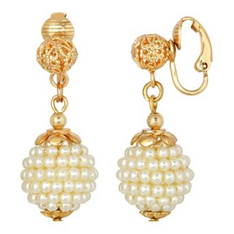 1928 Gold Tone Beaded Simulated Pearl Clip-On Drop Earrings