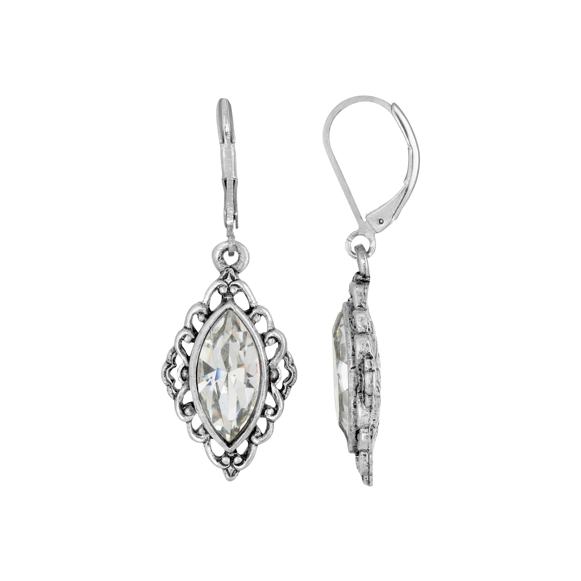 1928 Silver Tone Simulated Crystal Diamond-Shaped Filigree Drop Earrings, W