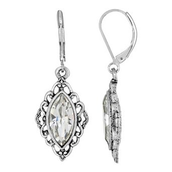 1928 Silver Tone Simulated Crystal Diamond-Shaped Filigree Drop Earrings