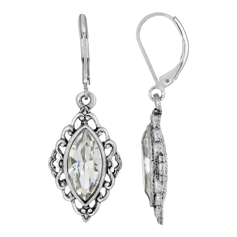 1928 Silver Tone Simulated Crystal Diamond-Shaped Filigree Drop Earrings, W