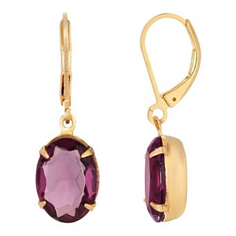 1928 Gold Tone Purple Oval Drop Earrings