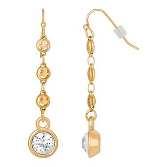 1928 Gold Tone Happy Face Chain Linear Drop Earring