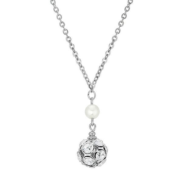 1928 Silver Tone Simulated Pearl Fireball Pendant Necklace