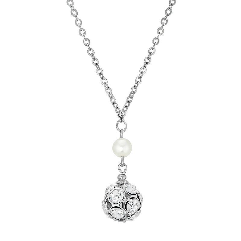 1928 Silver Tone Simulated Pearl Fireball Pendant Necklace, Womens, White